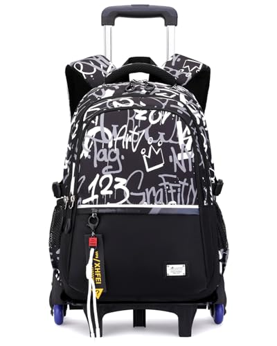 Amythe Mochila con Ruedas Adolescente, Mochilas Escolares Niños con Carrito Desmontable Impermeable, Mochila Casual Negro para Portátil 15