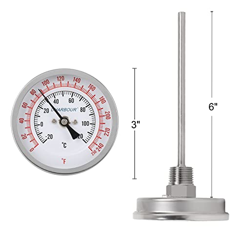 Uharbour 3" Dial Fully Stainless Steel Thermometer For Pot, Kettle, Brewing Bimetal,6" Stainless Steel Stem, 0-250 Deg F/-20-120 Deg C, Accuracy +/-1%, Adjustable, 1/2" Npt Back Mount… #TOP3