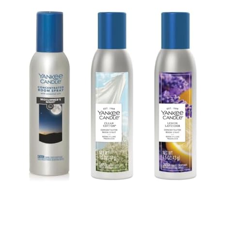 Yankee Candle Concentrated Room Spray Air Freshener Instant Home Fragrance Odor Eliminating Spray Strong Scent Lemon Lavender Midsummers Night Clean Cotton (Variety Pack)