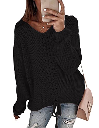 Hormtaer Pullover Damen Winter V Ausschnitt Casual Strickpullover Warm Langarm Sweater Pulli Oberteil (Schwarz, M) Cover