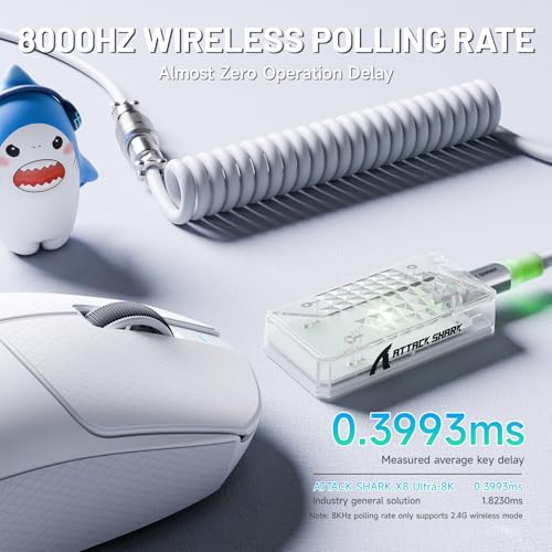 Image of ATTACK SHARK X8 Ultra Wireless Gaming Mouse, 42000 DPI PAW3950MAX Sensor, 8000Hz Optical Nordic 52840 Tri-Mode 2.4G /BT /Wired, 55g Lightweight Big Hand Ergonomic Mouse with Coiled Cable-White&Tape