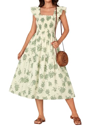 Image of Rooscier Women's A Line Smocked Midi Dress | Summer Sleeveless Square Neck Casual Sundress