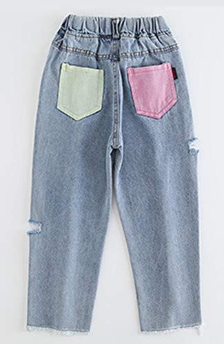 Girls Ripped Hole Elastic Waist Jeans Distressed Denim Pants2