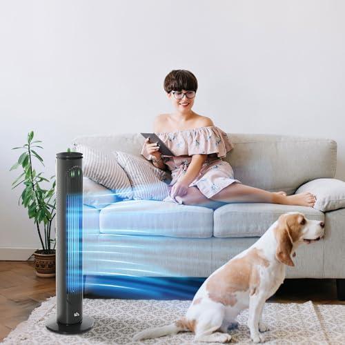 HOMCOM Ventilador de Torre, Ventilador de Pie Silencioso con Control Remoto, 3 Velocidades, 3 Modos, Temporizador 10H, Oscilación 70°, Pantalla LED, para Hogar y Oficina, Gris Oscuro - imagen 2