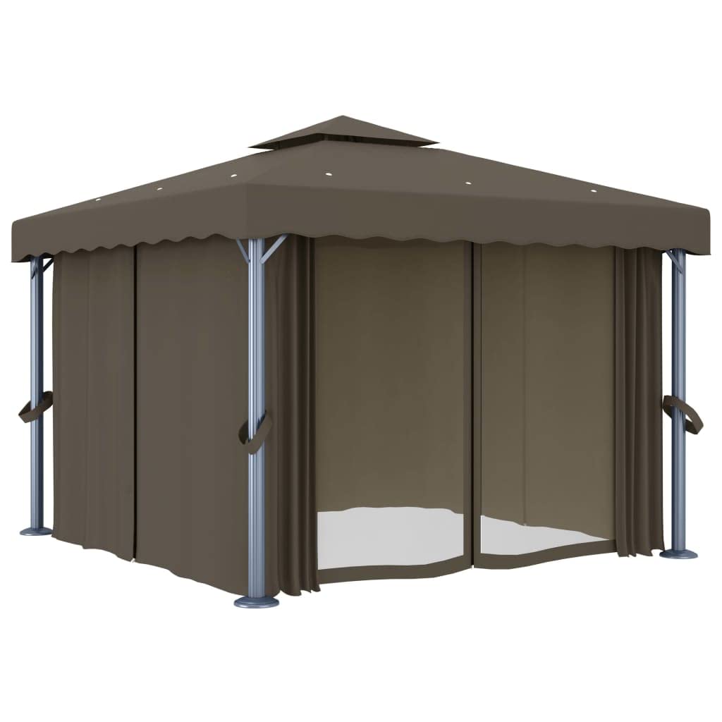 Pawilon 3 x 3 m z zasłonami i łańcuchem świetlnym LED, kolor taupe, aluminiowa rama stalowa, odporna na warunki atmosferyczne, składany, z ochroną przed promieniowaniem UV i moskitierą, do