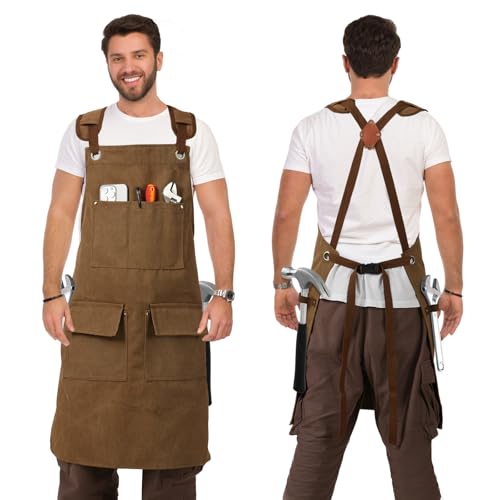 DILLMAN Woodworking Apron for Men Shop Apron Thick Canvas Work Apron with Tool Pockets (Khaki)