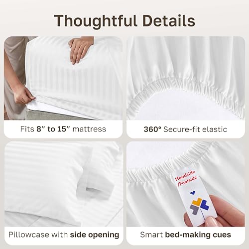 Image of California Design Den Twin Size Sheet Set - 100% Cotton 500 Thread Count Sateen, Deep Pocket Bed Sheets with Fitted Elastic Sheet, Soft Luxury - Striped White