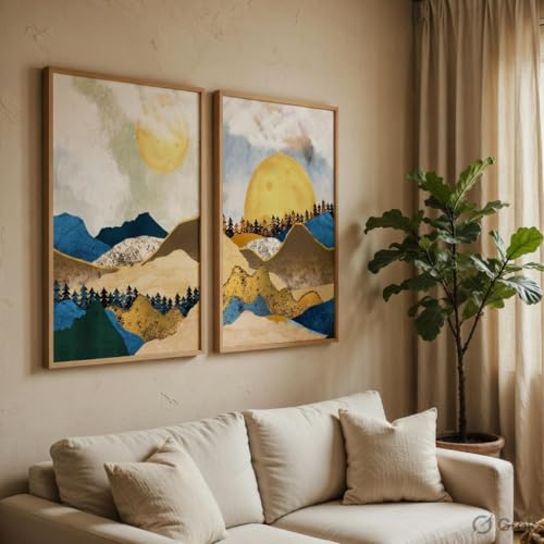 Image of Livin'luxe Abstract Mountain Landscape Wall Painting Set of 2 with Wooden Frames | Modern Sun Mountain Artwork HD Sparkle Laminated MDF Wall Decor | Nature Wall Art for Living Room