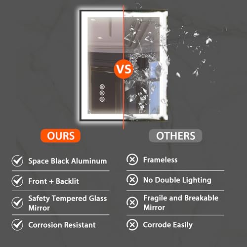 24x32 LED Bathroom Mirror, Black Aluminum Framed, Backlit + Front-Lit, 3 Colors Temperature Changeable, Dimmable Vanity Mirror, Tempered Glass, Defog, Waterproof, Memory (Horizontal/Vertical)