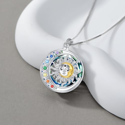 PELOVNY Chakra Crystal Necklace for Women 925 Sterling Silver Triple Moon Goddess Hamsa Hand Lotus Tree of Life Flower of Life Pendant Necklace 7 Chakra Spiritual Jewelry Gifts for Mom Wife2
