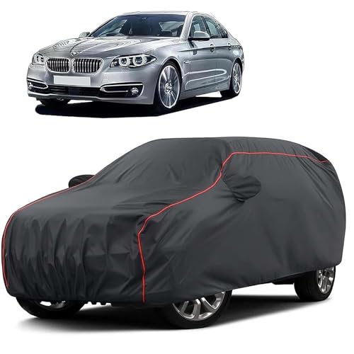 Image of Sulfar 100% Water Resistant Car Body Cover Compatible with Mirror for BMW 520i (Triple Stitched, Full Bottom Elastic, Dark Grey Taffeta with Red Piping)
