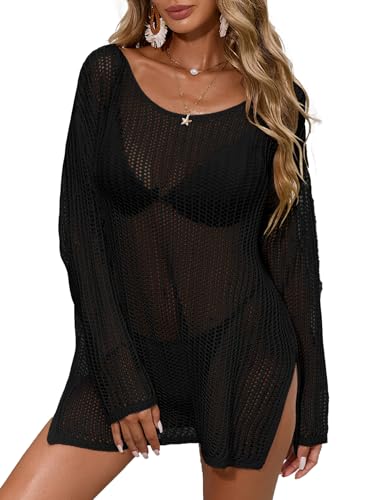 Womens Crochet Oversized Beach Mini Dress Summer 2025 Off Shoulder Side Slit Long Sleeve Bathing Suit Cover Up