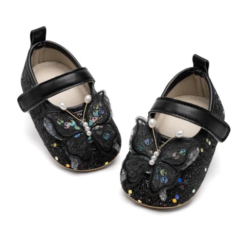 HsdsBebe Baby Girls Mary Jane Flats Non Slip Soft Sole Bowknot Princess Wedding Dress Shoes Toddler First Walkers Infant Newborn Baptism Crib Shoes(PLPL01 Black 1)