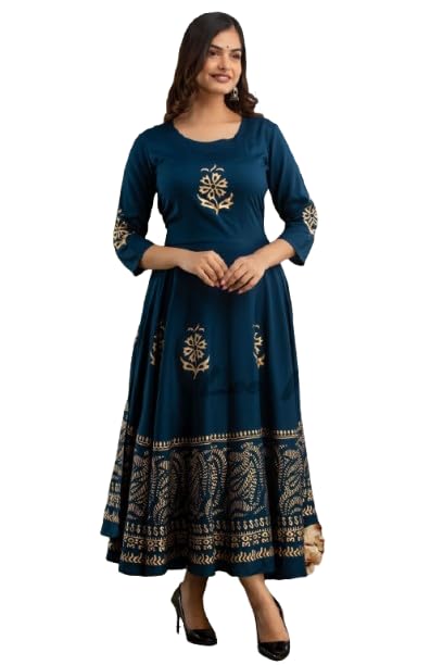 lee moda Designer Anarkali Dress, Navy Blue with Gold Floral Print, 3/4 Sleeves, Ankle Length-picture-46