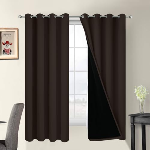 Image of Yakamok Chocolate 100% Blackout Curtains 63 Inches Long 52 inch Wide 2 Panels | Blackout Curtain Panels for Bedroom, 2 Thick Layers Grommet Top Thermal Insulated Drapes with Black Liner for Living Room