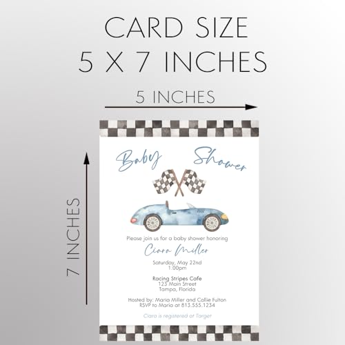 Race Car Baby Shower Invitation Baby Shower Racing Car Vintage Watercolor Racing Stripes Blue Automobile Printed Cards Customized Personalized Cards (12 Count)