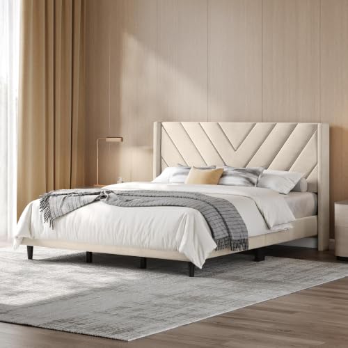 Image of Yaheetech King Bed Frame Upholstered Platform Bed /Wooden Slat Support /Tufted Headboard with Wing Side /Mattress Foundation /No Box Spring Needed,Beige King