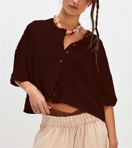 Women Short Sleeve Casual Cardigan Shirt Button Down Open Front V-Neck Loose T-Shirt Y2k Crop Tops Outwear Tee2