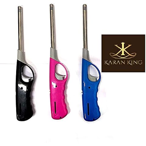 KING KARAN® Pack of 3 Refillable Safety Gas Candle BBQ Fire Lighter Plastic 27 cm Multi-Colour Cover
