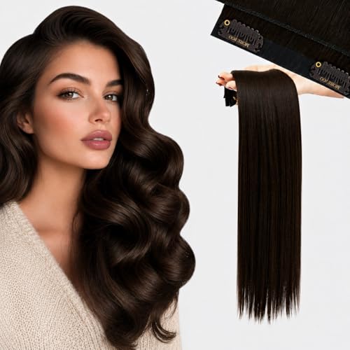 Image of Moresoo Human Hair Clip in Extensions, Seamless Genius Weft, For Fine Hair | Genius clip in hair extensions real human hair, medium brown, 24inch 150g 7pcs, for creators, full warm camera-ready hair