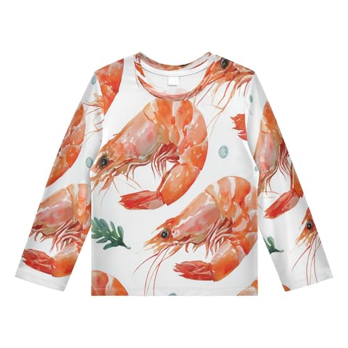 Watercolor Shrimp Pattern Lobster Boys Rash Guard Long Sleeve UPF 50+ Boys Swim Shirt Quick Dry Shirt for 3-12 Years