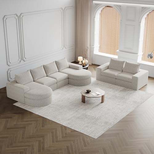 Yihomfy Modular Chenille Sofa,3-Seat L-Shaped Curved Sofa with No Assembly Required,2-Piece Foam Compression for Living Room (F-Beige-2 L+4 Seats)