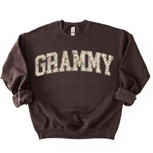 Daytee Womens Mama Grandma Auntie Sweatshirt - Botanical Floral Varsity Letter Crewneck - Dark Chocolate Brown Pullover (US Alpha Medium Regular Regular Grammy)