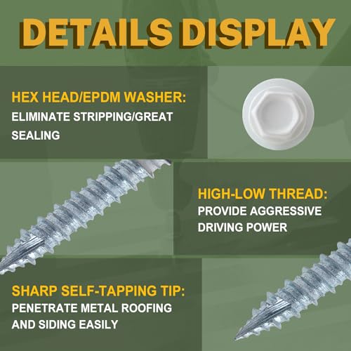 LIONMAX Metal Roofing Screws #14 × 1-1/2 Inch, 300-PCS, White Painted Hex Head Sheet Metal Roof Screws, Rubber Washer, Sharp Point, Metal to Wood Siding Screw, Hex Socket Included