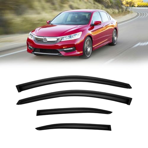 Image of Rain Guards Window Visor for Honda Accord 2008-2017 Out-Channel | Shields Vent Deflector Shade Wind Dark Smoke 2009 2010 2011 2012 2013 2014 2015 2016, Tape-On Outside-Mount, 4PCS