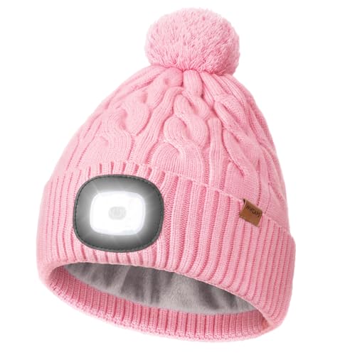 Wmcaps LED Beanie Type-C Rechargeable with Thermal Fleece Lining Hands-Free Headlamp Light Up Winter Bobble Hat with Pom-Pom for Men and Women Perfect Christmas Birthday Gift Pink