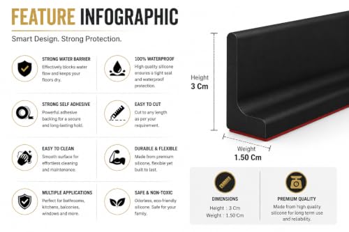 Image of Shower Water Barrier 2 Metre, Black Silicone Shower Threshold Water Dam 5cm, Bathroom Water Stopper Strip with Waterproof Adhesive, Wet & Dry Floor Separation, Easy Cut to Fit