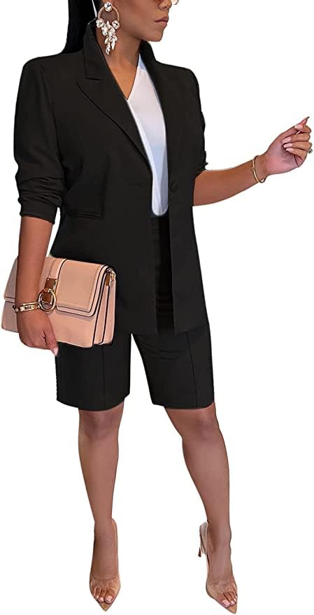 Womens 2024 Two Piece Outfits Casual Solid Color Open Front Blazer Shorts Set One Button Up Jacket and