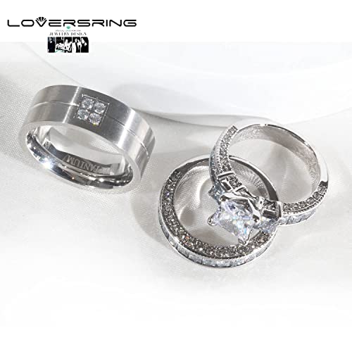 LOVERSRING Couple Ring Bridal Set His Hers White Gold Plated CZ Stainless Steel Wedding Ring Band Set4