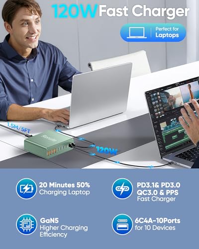 Image of 1000W USB C Charging Station, 120W PD GaN5 Super Fast USB C Charger Block-10 Port, Type C for PC Laptop MacBook Pro /Air Charger Compatible with iPhone 17 16 15 14 13 12 Pro Max, iPad, Galaxy