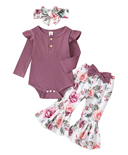 Image of ADXSUN Newborn Baby Girl Clothes Ribbed Ruffled Romper+Striped/Cow/Leopard Flared Pants Infant Outifts 0-18 Months
