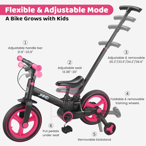 Image of JMMD 6 in 1 Toddler Bike with Push Handle for Kids 18-60 Months, 12 inch Foldable Balance Bike with Training Wheels, Pedals, Brakes, Kickstand, Push Tricycle Toddler Gift & Toys for Boy & Girl