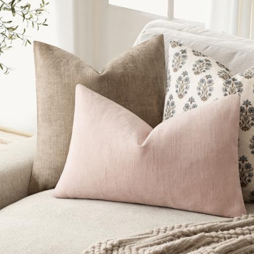 Image of Foindtower Pack of 2 Textured Chenille Throw Decorative Pillow Covers Square Accent Solid Cushion Cover Neutral Farmhouse Lumbar Pillow Case for Couch Sofa Bedroom Living Room 12x20 Inch,Peach Pink