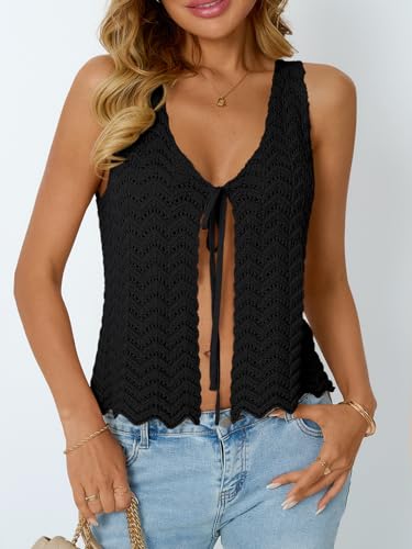 Image of LILLUSORY Crochet Tops for Women Summer Vacation Outfits Beach Coverup Going Out Tie Front Spring Sweater Vest 2026 Fashion