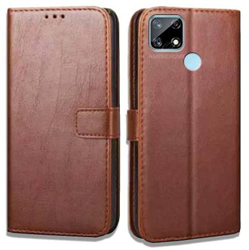 Image of Inside Rubber TPU with Card Pockets Magnetic Closure Protection Compatible with Realme C25, RMX3193 (Brown)