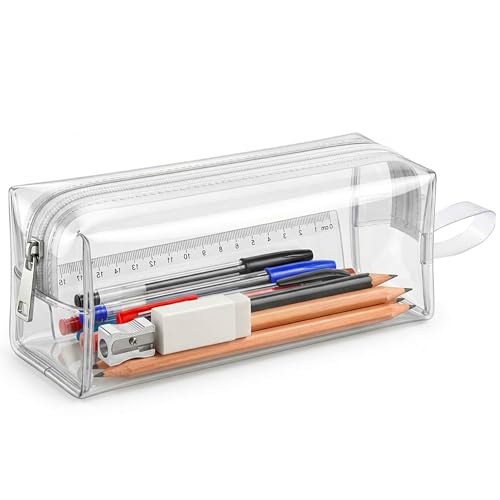 Image of GLUN Transparent Rectangular Stationery Pouch with Zipper, Clear Boxy Storage Case, Multi-Purpose Cosmetic & Utility Organizer for School, College & Office