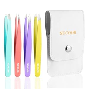 SUCOOR Tweezers Set – 4Pcs Professional Stainless Steel Tweezers, Best Precision Tweezers Set for Shaping Eyebrows, Great Beauty Tools for Facial Hair, Ingrown Hair, Blackhead Removal.(Multi-color)