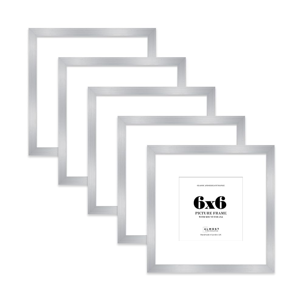 6x6 Silver Picture Frame with Mount for 4x4 Photos, Prints - Modern Square Wall Frame, Set of 5