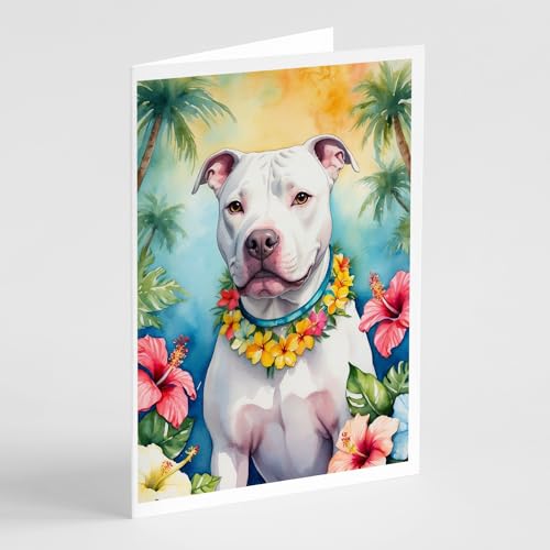 Caroline's Treasures Pit Bull Terrier Luau Greeting Cards Pack of 8 Blank Cards with Envelopes Whimsical A7 Size 5x7 Blank Note Cards