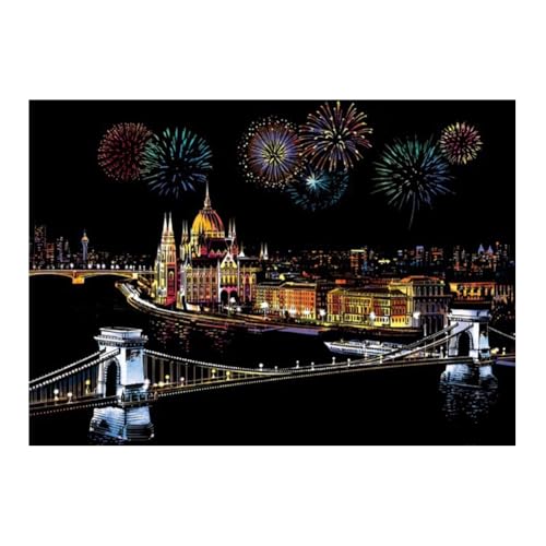 Asudaro Kratzbilder Set,DIY Bastelsets,Kratzmalerei-Set,Metropolitan Nachtszene Kratzmalerei-Set mit Wahrzeichen der Stadt,Feuerwerk Magic Scratch Art Papier Set,Nachtansicht Kratzpapier (Budapest)