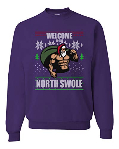 Funny Santa Gym Lifting Welcome to The North Swol Ugly Christmas Sweater Unisex Crewneck Graphic Sweatshirt, Purple, Large