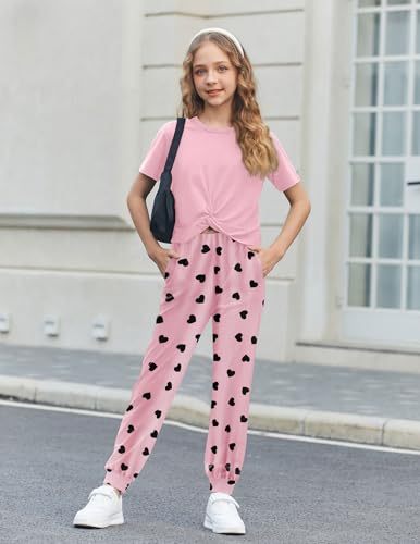 Image of Arshiner Girls 2 Piece Outfits Twist Front Tops and Sweatpants Clothing Set