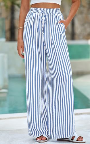 Image of PRETTYGARDEN Womens Pants Elastic Waist Floral Lightweight Palazzo Pants for Women Casual Lounge Wide Leg Pants Woman