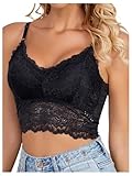 SOLY HUX Women's Lace Bralettes Spaghetti Strap Crop Camisole Top Wireless Padded Bra Solid Black Large