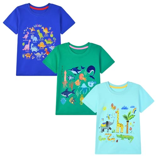 Image of HILEELANG Toddler Boy Short Sleeve Tee Shirts Summer Cotton Casual Graphic Crewneck Tshirt Packs