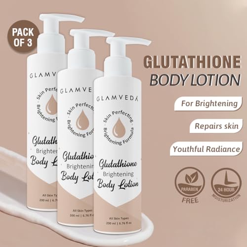 Image of Glamveda Glutathione Body Lotion Moisturizer 200ml Pack of 3 | 24hr Deep Moisturization | Skin Brightening | Non Greasy, Lightweight Hydrating Moisture for Glowing, Repairs & Softens Skin | All Skin Type